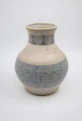 Graeme Storm, Stoneware vase, with oatmeal glazed ground and pale blue bands with spiral decoration, late 1960s