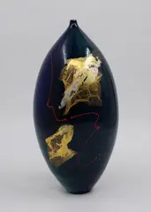 Peter Collis, Ovoid vase, with gold leaf and red glaze swirl design