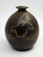Royce McGlashen, Early ovoid vase, stoneware with wax resist decoration of stylised dove and whale patterns