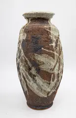 Carl Vendelbosch, Tapering hexagonal vase, stoneware with gesturally applied glaze in white, green and black