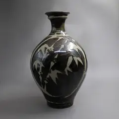 John Sweden, Large vase, stoneware with tenmoku and oatmeal glazes, decorated with wax resist bamboo design