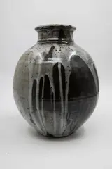 Murray Fox, Large ovoid vase, stoneware with matt white glaze poured over a dark groud