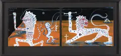 Smoking Gun by Tony de Lautour, oil and acrylic on canvasboard, diptych, sold Aug 2026