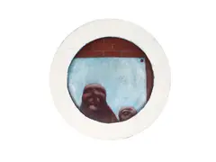 Tony Fomison, Two comedians on a poster, oil on canvas in circular artist’s frame