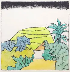 Pat Hanly, Volcano in Suburbia, intaglio and watercolour, 9/10