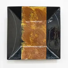 Francoise Dufayard, Large footed hanging platter, glazed earthenware with glossy black and orange decoration