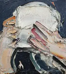 Toby Raine, Jane Mansfield's Hands Holding Human Skull, oil on linen