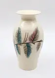 Daniel Steenstra for Crown Lynn, Hand-crafted vase, with pine cone or leaf branch design, painted in colours on gloss white ground