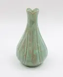 Crown Lynn Ambrico, Pear-shaped vase, in pale blue and caramel trickle glaze, with lobed sides and rim