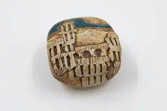 Doris Dutch, Cityscape trinket box, ochre washed stoneware with applied relief decoration, blue glazed sky highlights and interior