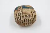 Doris Dutch, Cityscape trinket box, ochre washed stoneware with applied relief decoration, blue glazed sky highlights and interior