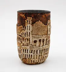 Doris Dutch, Cityscape vase, ochre washed stoneware with applied relief decoration, blue glazed interior