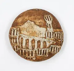 Doris Dutch, Cityscape form, ochre washed stoneware with applied relief decoration
