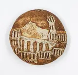 Doris Dutch, Cityscape form, ochre washed stoneware with applied relief decoration