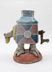 John Green, Whimsical 'Lion' vase, hand-build stoneware, with painted and glazed decoration, 1986 (AF)