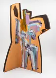 John Crawford, Large stylised female nude slab sculpture, painted and partially glazed terracotta, 1987 (AF)