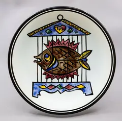 'Fish in a birdcage' wall plate by Frank Carpay for Crown Lynn, with hand-painted decoration (two suspension holes to the footrim), sold Jun 2026
