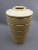 Large shoulder vase by Keith Murray for Wedgwood, of tapering conical shape with lathe turned bands, in matt straw glaze (shape no. 3805), offered Jun 2026