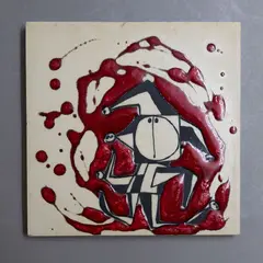 Ted Dutch, 'Jester' ceramic tile, Temuka tile painted with a court jester in a patch pattern costume, surrounded by a spray of thick bright red glaze, early 1980's