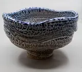 Mirek Smisek, Large 'Kapiti' pedestal bowl, salt glazed stoneware, in rich bright blue giving to brown and olive green to the centre and to the foot, carved with banded design around the sides, from the 'Kapiti' series, ca. 1975