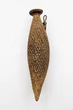 Len Castle, Hanging bottle vase, ochre washed stoneware with reticulated design