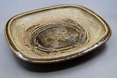 Len Castle, Large and impressive rectangular platter, stoneware with clear dark olive-green celadon glaze and 'tipped in' textured clay inclusion to the centre, mid-1970's