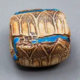 Doris Dutch, Small lidded square box, ochre washed stoneware, decorated with an applied cathedral windows pattern within two lines of thick blue glaze, blue glaze to the interior, ca. 1980's