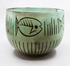 Simon Engelhard, Rare large bowl, high fired ceramic with shiny pale green speckled glaze and decorated with stylised fish design, 1960's