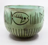 Simon Engelhard, Rare large bowl, high fired ceramic with shiny pale green speckled glaze and decorated with stylised fish design, 1960's
