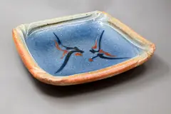 Merilyn Wiseman, Large square platter, wood-fired stoneware with mashiko-rock brushwork