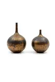 John Parker, Pair of spire vases, copper and manganese metallic glazed ceramic (one repaired)