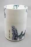 John Dawson & Hilary Beauchamp, Over the Wall, porcelain cylinder vase potted by John Dawson and decorated with stenciled humorous design by Hilary Beauchamp (London)