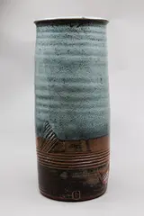 Peter Stichbury, Cylindrical vase, stoneware with dark grey and blue glazes