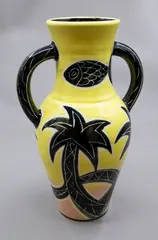 Warren Tippett, Two handled vase, of amphora shape, with stylised palm and fish design on a bright yellow ground