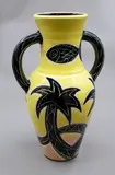 Two handled vase by Warren Tippett, of amphora shape, with stylised palm and fish design on a bright yellow ground, sold Jun 2026