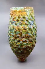 Simone Fraser, Variegated floor vase, stoneware with polychrome glazes in bright green, orange, yellow and blue hues