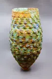 Simone Fraser, Variegated floor vase, stoneware with polychrome glazes in bright green, orange, yellow and blue hues