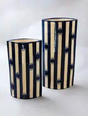 Lindsey Hoole, Pair of blue and white tall vases, glazed ceramic