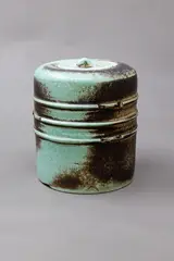 Potter Unknown, Decorative lidded jar, ceramic with pale blue and metallic glaze