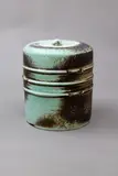 Potter Unknown, Decorative lidded jar, ceramic with pale blue and metallic glaze