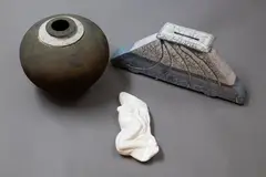 Studio Pottery, Two vases and a small female nude carving by L. Rive