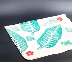A.R.D. Fairburn, Hand-stamped scarf, leaves and flowers design on a beige background (wear)