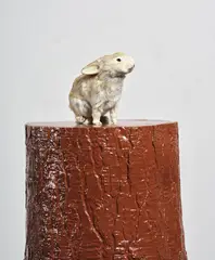 Michael Parekōwhai, Driving Mr Albert, taxidermied rabbit, two pot paint and polyurethane (2005)