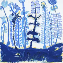 John Pule, The Blue Plateau of Polynesian Memory, enamels, oil, oil stick, ink, varnish and polyurethane on canvas