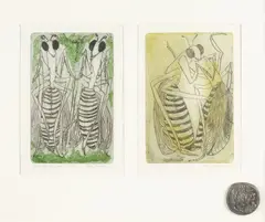 Betty Beadle, Dancing Mantids and Mating Feast, two monoprints, each from an edition of 25, framed together with a medallion entitled The Mantis