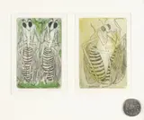 Betty Beadle, Dancing Mantids and Mating Feast, two monoprints, each from an edition of 25, framed together with a medallion entitled The Mantis