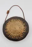 Len Castle, Early hanging discoidal vase, stoneware with dark pigment stained rim and impressed pattern from a stamp, fading to a plain domed centre of lighter colour, c. 1969