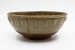 Barry Brickell, Fruit bowl, stoneware with pale olive green ash glaze, decorative pattern to the rim