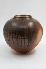 Estelle Martin, Large round vase, wood fired stoneware with poured glaze to shoulders
