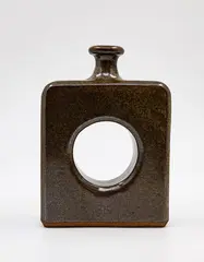 Bruce Martin, Square slab-built vase, oil fired stoneware with large negative circular feature to the body